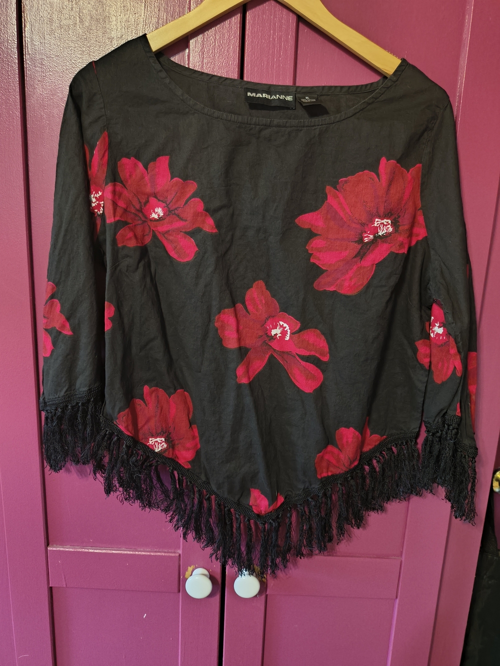 Arianne Black Floral Fringe Poncho Top - Red Flower Print